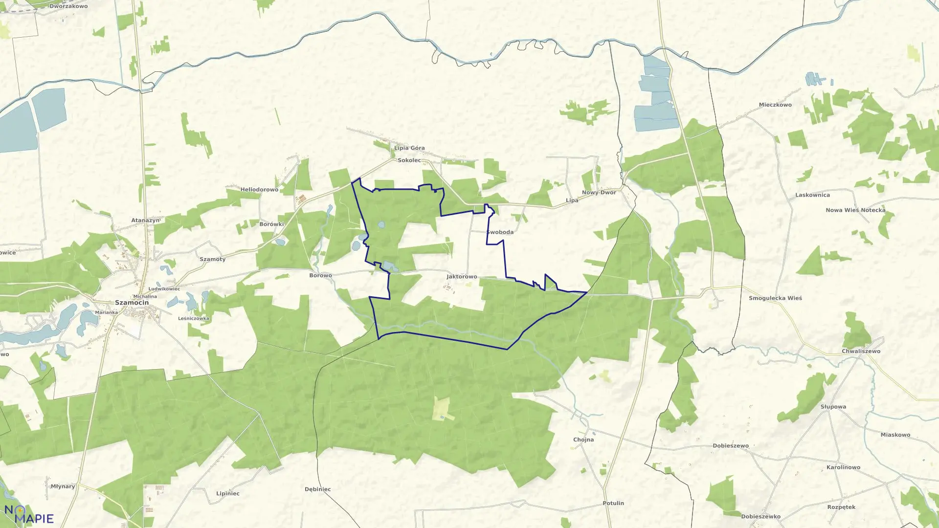 Mapa obrębu Jaktorowo w gminie Szamocin